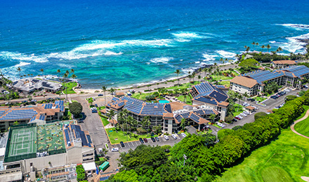 Aerial view of Lawai Beach Resort on a beautiful day